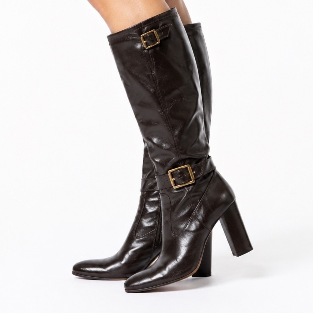 Franco Sarto Vintage Y2K Brown Leather Knee High Buckle Boots Women's Size 9M